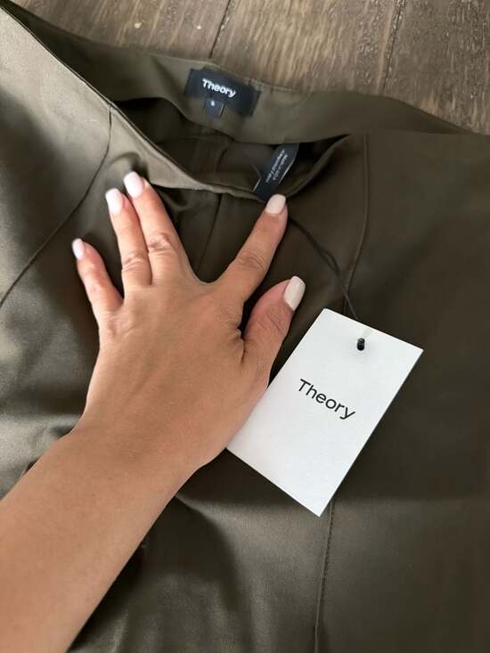 Theory Women's Alettah Olive Green Pintuck Straight Leg Trousers - Picture 3 of 8